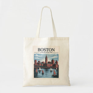 Tote Bag Vintage Boston Massachusetts Cityscape & Voiliers