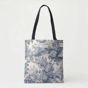 Tote Bag Vintage chic floral Bleu toile de jouy monogramme