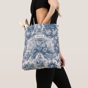 Tote Bag Vintage chic floral Bleu toile de jouy monogramme