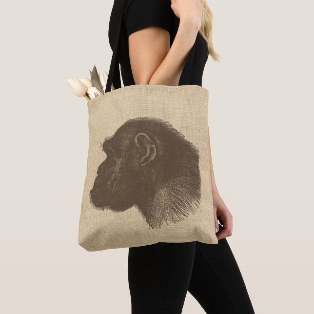 Tote Bag Vintage Chimpanzee Illustration on Burlap  (De près)