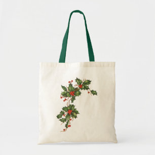 Tote Bag Vintage Christmas, Holly Plant with Red Berries