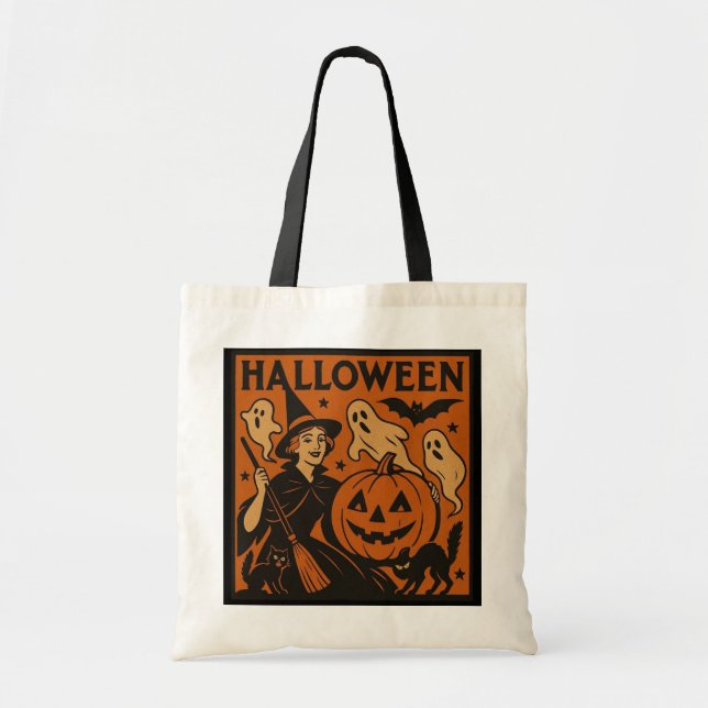 Tote Bag Vintage, classique sorcière d'Halloween, fantôme & (Devant)