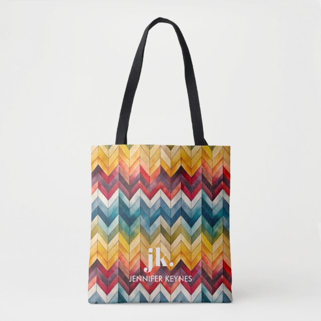 Tote Bag Vintage coloré Chevron Monogram arc-en-ciel (Devant)