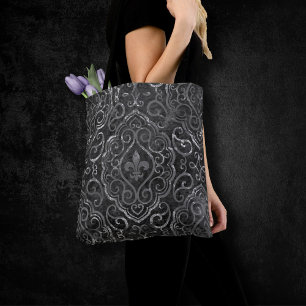 Tote Bag Vintage Fleur de Lis   Black Silver Grunge Damask
