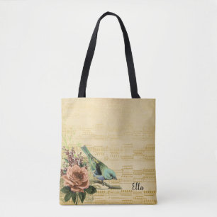 Tote Bag Vintage Floral Bird Gold Music Nom personnalisé