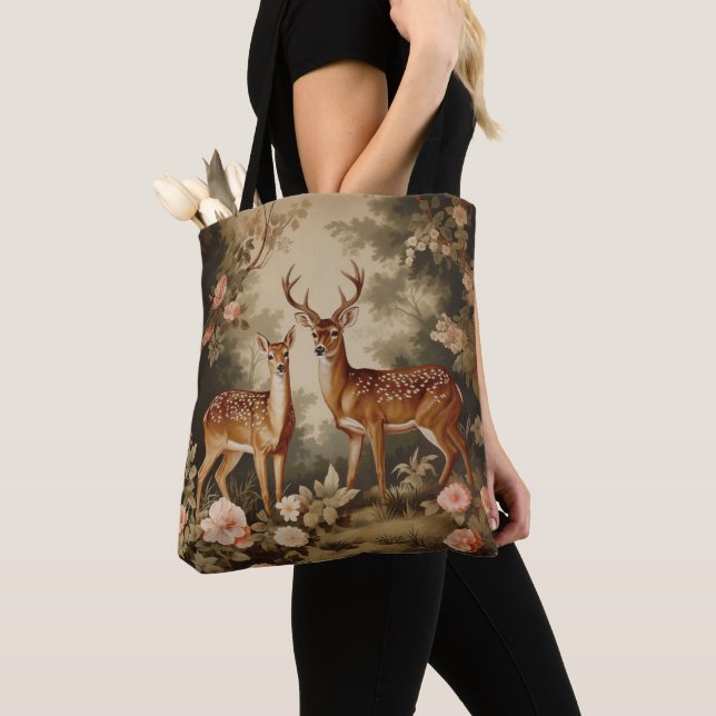 Tote Bag Vintage Forêt Florale Cerf (De près)