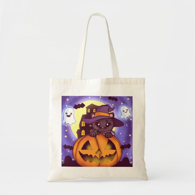 Tote Bag Vintage Halloween Octobre Citrouille Chat (Devant)