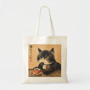 Tote Bag Vintage Japon art chat mignon avec une tasse de ca