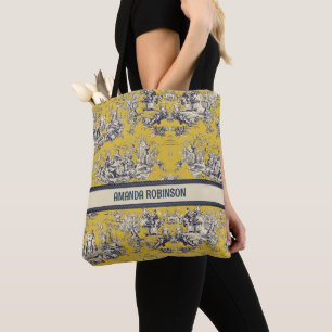 Tote Bag Vintage lac fleuri jaune toile de jouy monogramme