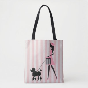 Tote Bag Vintage Lady marche caniche noire