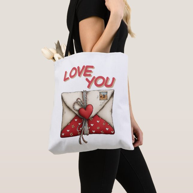 Tote Bag Vintage Love Letter Valentine Heart (De près)