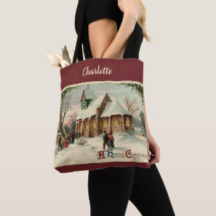 Tote Bag Vintage Noël paroissiens de l'église à la messe de