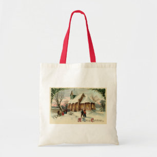 Tote Bag Vintage Noël paroissiens de l'église à la messe de