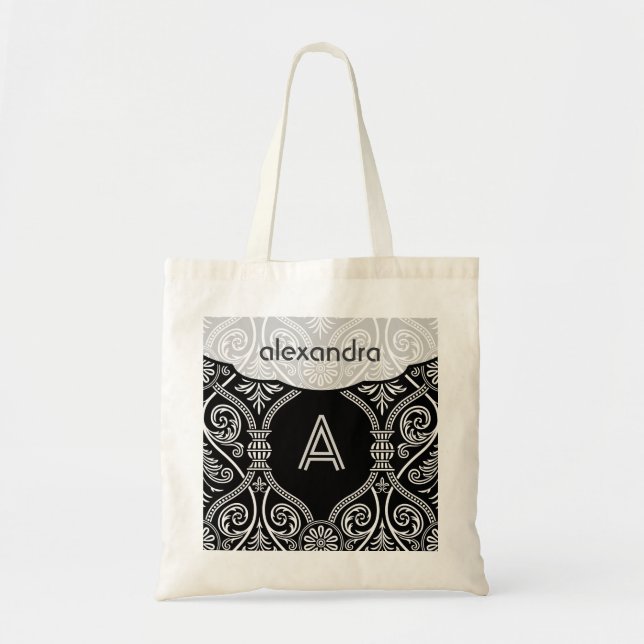 Tote Bag Vintage noir et blanc Damas Motif (Devant)