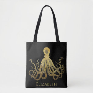 Tote Bag Vintage Octopus Gold Black Enk Côtier Nautique À