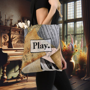 Tote Bag Vintage Piano Keys Musical Notes antique feuille