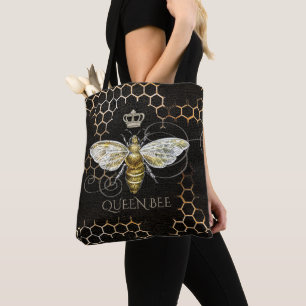 Tote Bag Vintage Queen Bee Royal Crown Honeycomb Noir