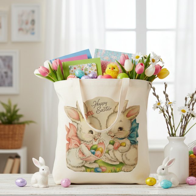 Tote Bag Vintage Retro Cute Happy Bunnies Pâques (Vintage Retro Cute Happy Easter Bunnies Tote Bag)