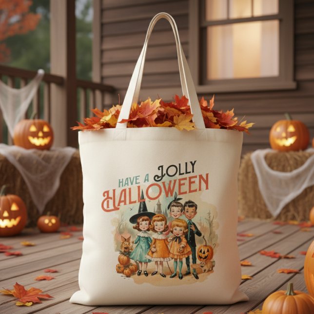 Tote Bag Vintage Retro Ont Jolly Halloween (Vintage 'Have A Jolly Halloween' Double Sided Tote Bag Featuring Retro Looking Trick-orTreater Kids)