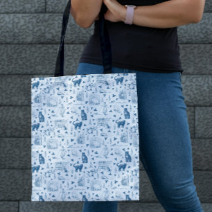 Tote Bag Vintage Retro Toile Motif Chat Catnip Blanc Bleu
