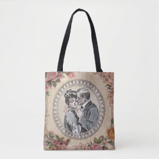 Tote Bag Vintage Romance Couple : Antique Rose Girly Love