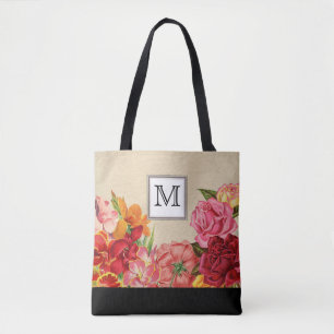 Tote Bag Vintage Rose de vin Rustique Floral Monogramme