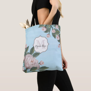 Tote Bag Vintage rose rose Nom du monogramme Floral