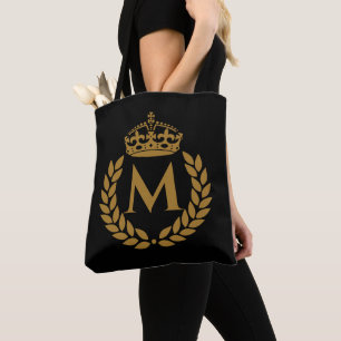 Tote Bag Vintage Royal King Golden Crown Nom initial Noir
