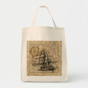Tote Bag Vintage Sailing Ship and Old European Map
