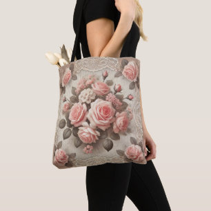 Tote Bag Vintage Shabby Chic Rose Rose Floral