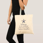 Tote Bag Vintage Starfish Beach Wedding Accueil personnalis<br><div class="desc">Faites de votre mariage et de vos invités hors de la ville un sac fourre-tout d'accueil sur le thème de la plage. Le design comprend une illustration marine bleu vintage d'étoiles de mer et vos 4 lignes de texte personnalisé. Personnalisez le sac en ajoutant votre salutation, votre date de mariage...</div>