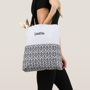 Tote Bag Vintage Victoria Damask Brocade Black White Nom