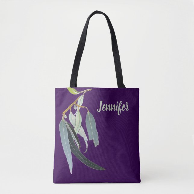 Tote Bag Violet foncé avec feuilles à l'aquarelle nommées  (Devant)