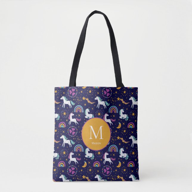 Tote Bag Violet foncé, licornes et arcs-en-ciel customisés (Devant)
