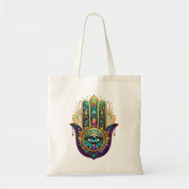 Tote Bag Violet Green Gold Petals Hamsa Turquoise Third Eye (Devant)