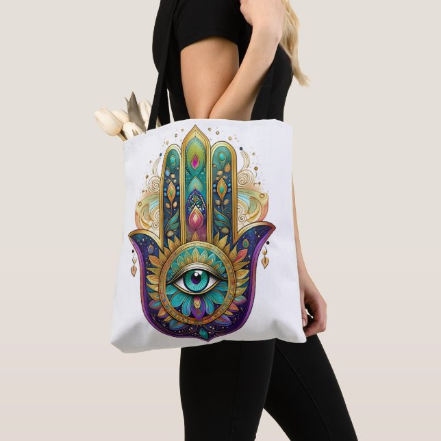 Tote Bag Violet Green Gold Petals Hamsa Turquoise Third Eye (De près)