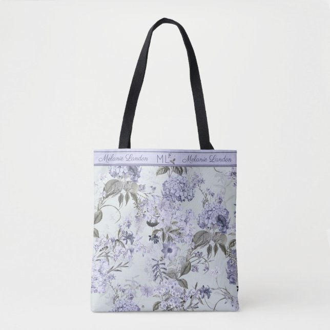 Tote Bag Violet & Mint Hydrangea & Lilacs Personalized Tote (Devant)