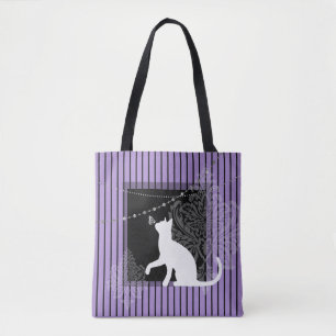 Tote Bag Violet noir, chat blanc et rayures noires
