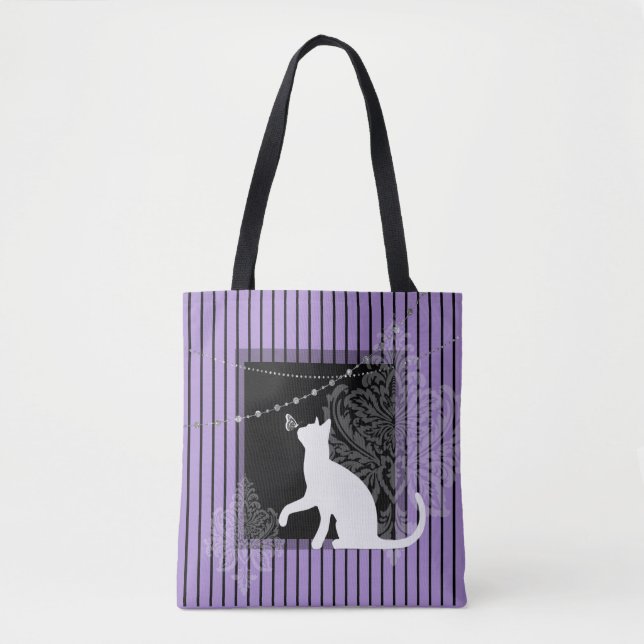 Tote Bag Violet noir, chat blanc et rayures noires (Devant)