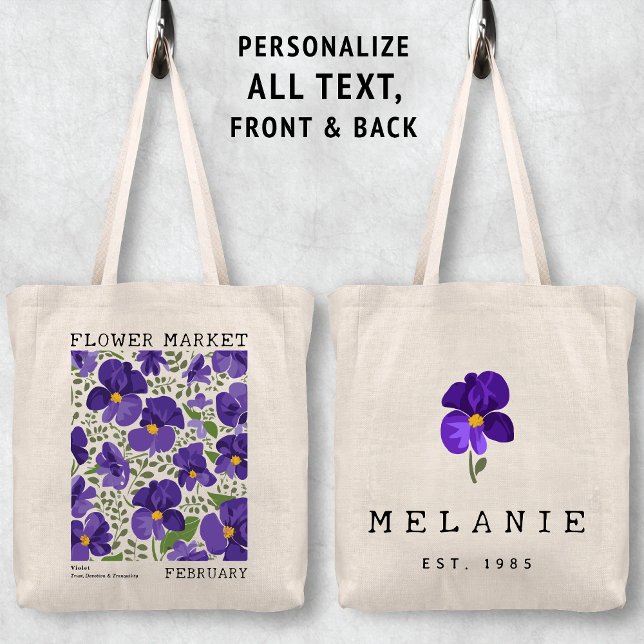 Tote Bag Violet violet Février Fleur de naissance Nom du ma (Personalized February Birth Flower Market Tote Bag, Custom Name Bag, Bachelorette Bridesmaid Gifts )