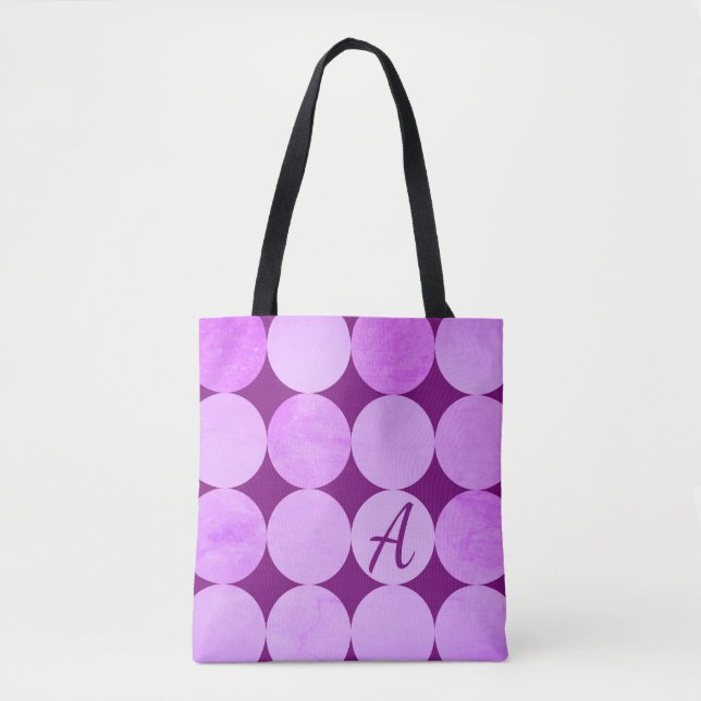 Tote Bag Violet, Violet Magenta et Cercles roses Monogramme (Devant)
