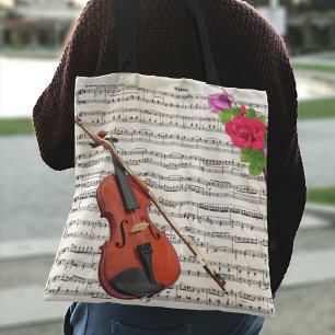 Tote Bag Violin and Roses Vintage Sheet Music Design