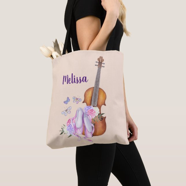 Tote Bag Violon, Chaussures de Ballet, Fleurs et Papillons (De près)
