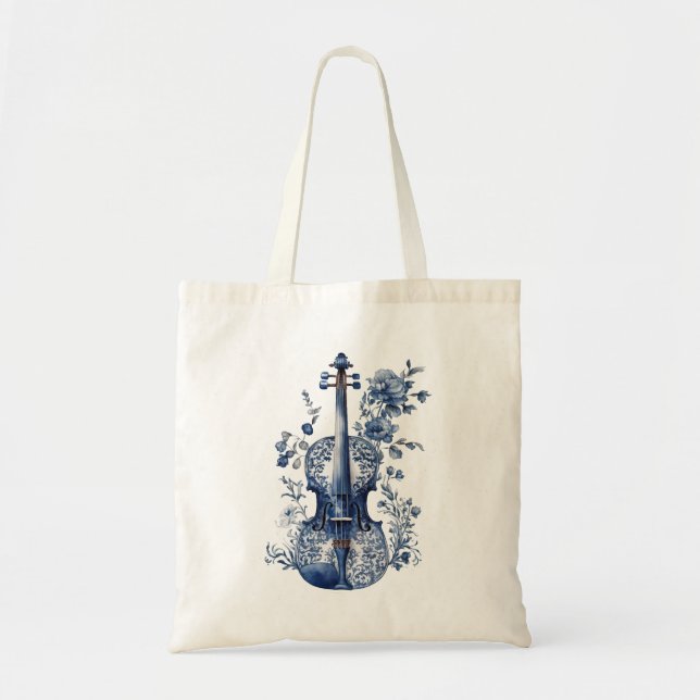 Tote Bag Violon de style Delft bleu et blanc avec fleurs (Devant)