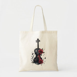 Tote Bag Violon noir gothique aux roses rouges