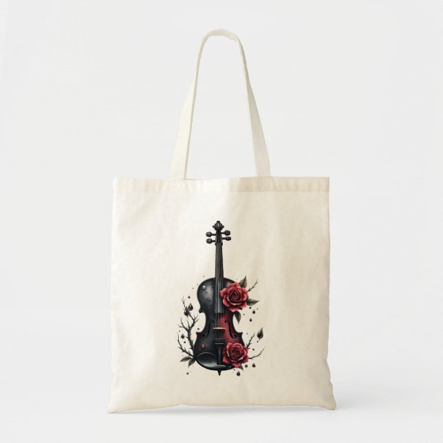 Tote Bag Violon noir gothique aux roses rouges (Devant)