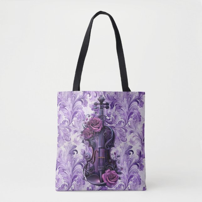 Tote Bag Violon violet sur grand fourre-tout à fleurs lilac (Devant)