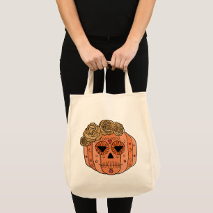 Tote Bag Visage Citrouille du crâne de sucre de fleurs