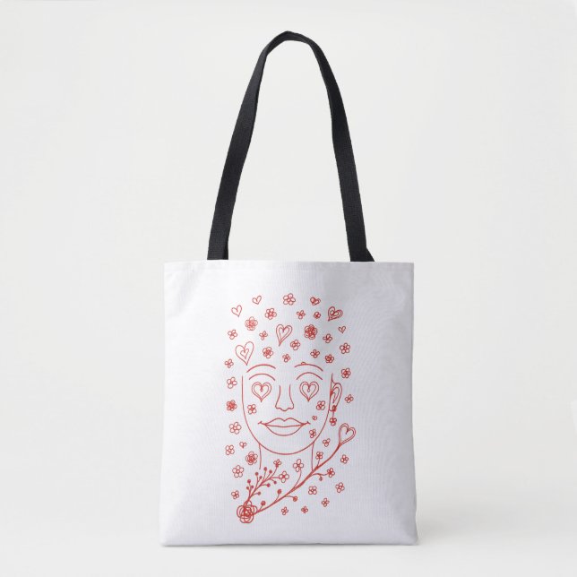 Tote Bag Visage d'art en ligne romantique dessiné à la main (Devant)
