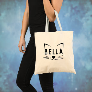 Tote Bag Visage de chat amusant avec toile de nom personnal